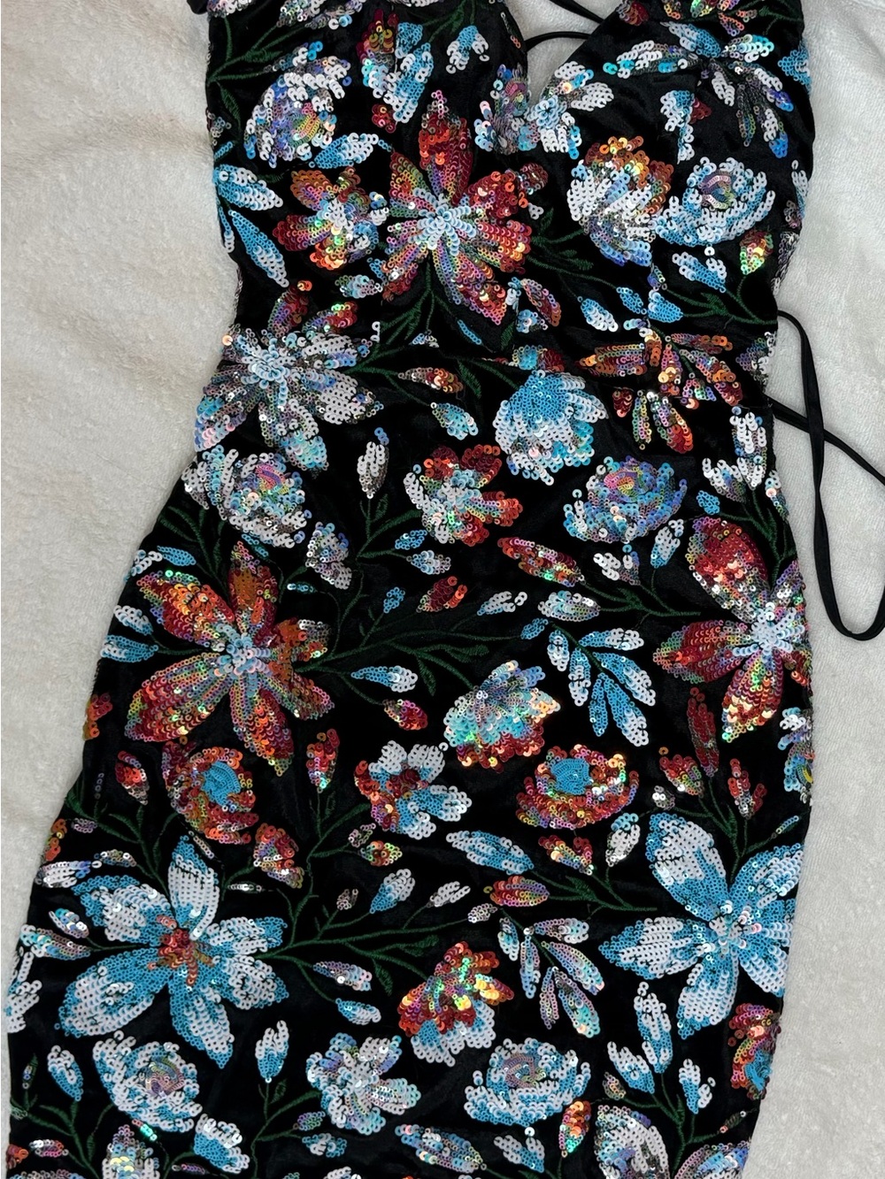 Strapless Black Sequin Floral Bodycon Dress